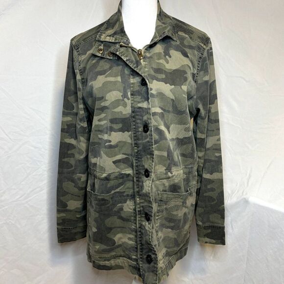 Lucky Brand Camo Button Up Zip Utility Jacket Womens Long Sleeve Collared - Picture 1 of 7